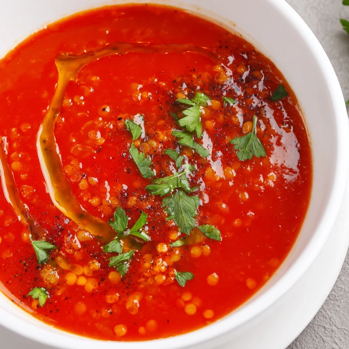 A close-up view of creamy Roasted Red Pepper and Lentil Soup next to crusty artisan bread.