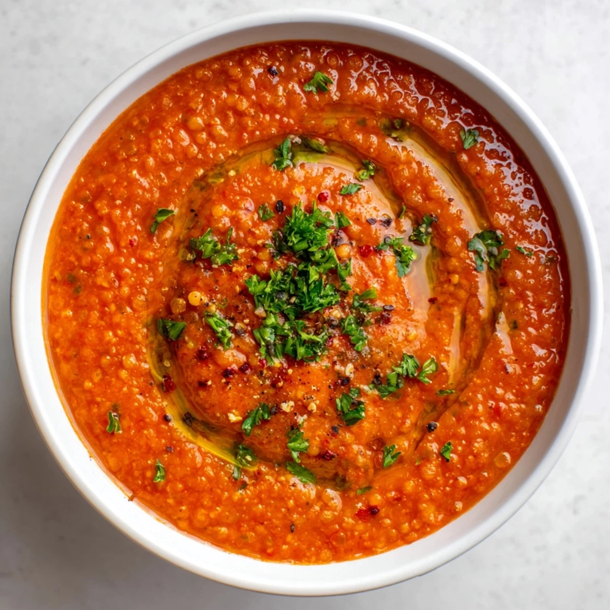 Vibrant Roasted Red Pepper and Lentil Soup served steaming hot in a white ceramic bowl.
