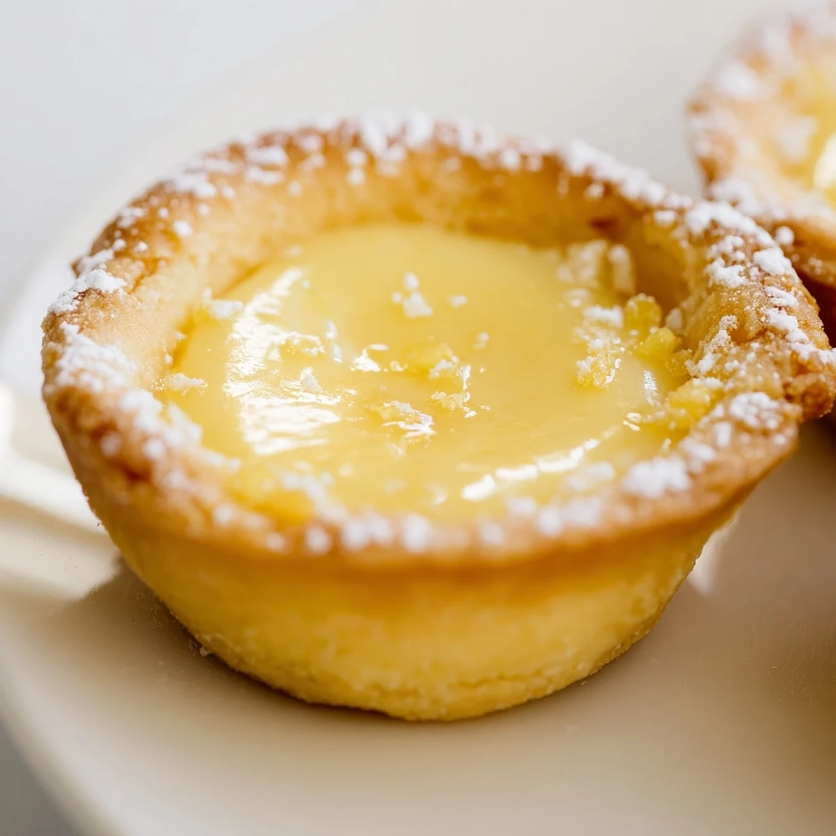 Twelve Lemon Curd Tartlets garnished with fresh berries on a rustic wooden serving board.