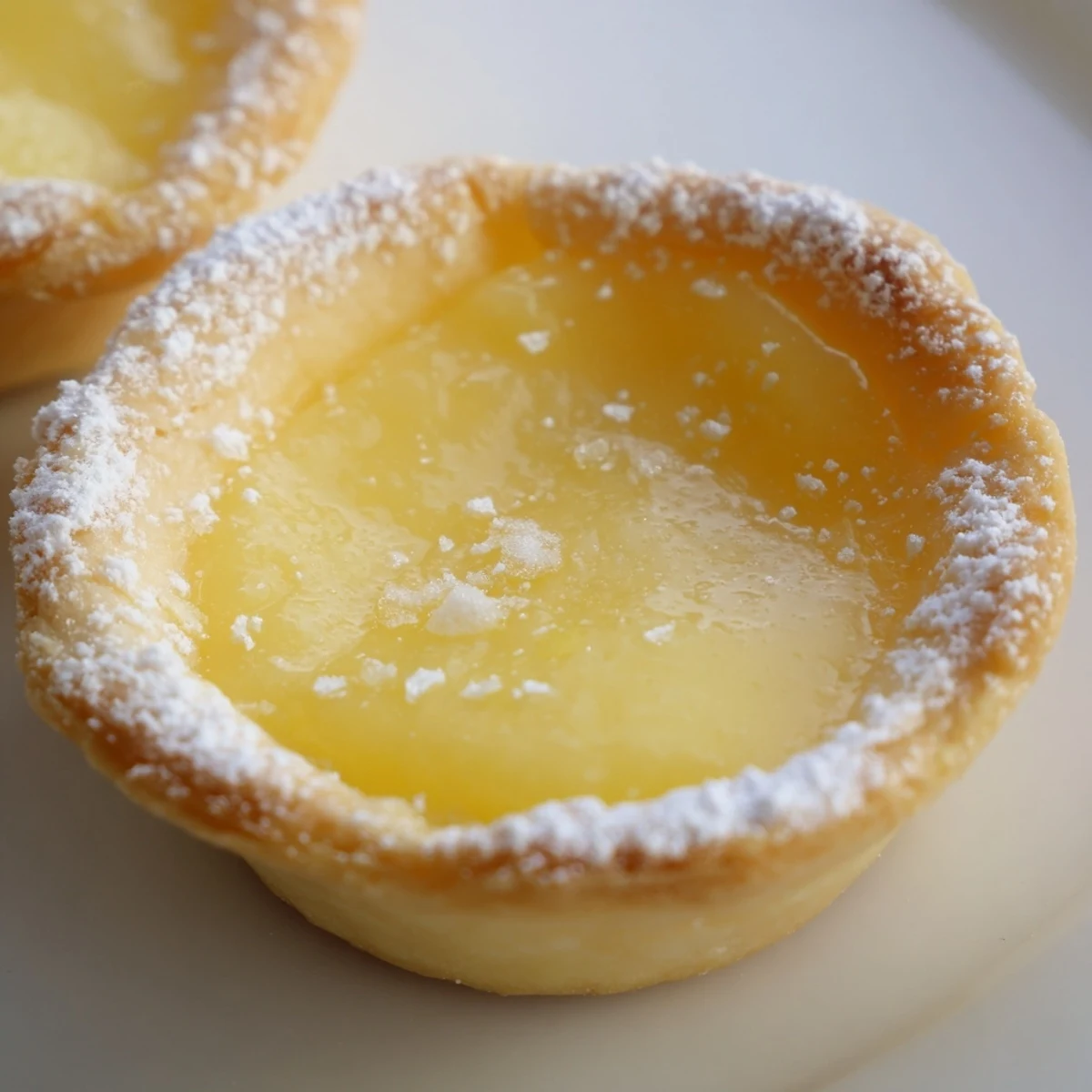 A close-up of a single Lemon Curd Tartlet revealing its flaky, golden-brown pastry shell.