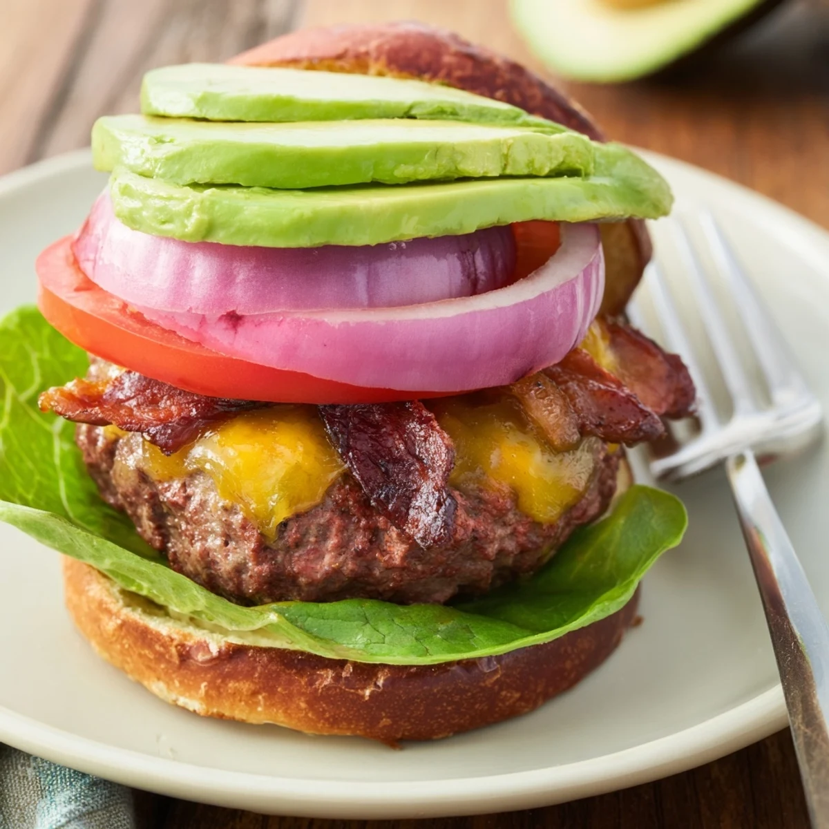 Cheeseburger with avocado and bacon on a toasted bun, served with crispy fries for a satisfying meal.