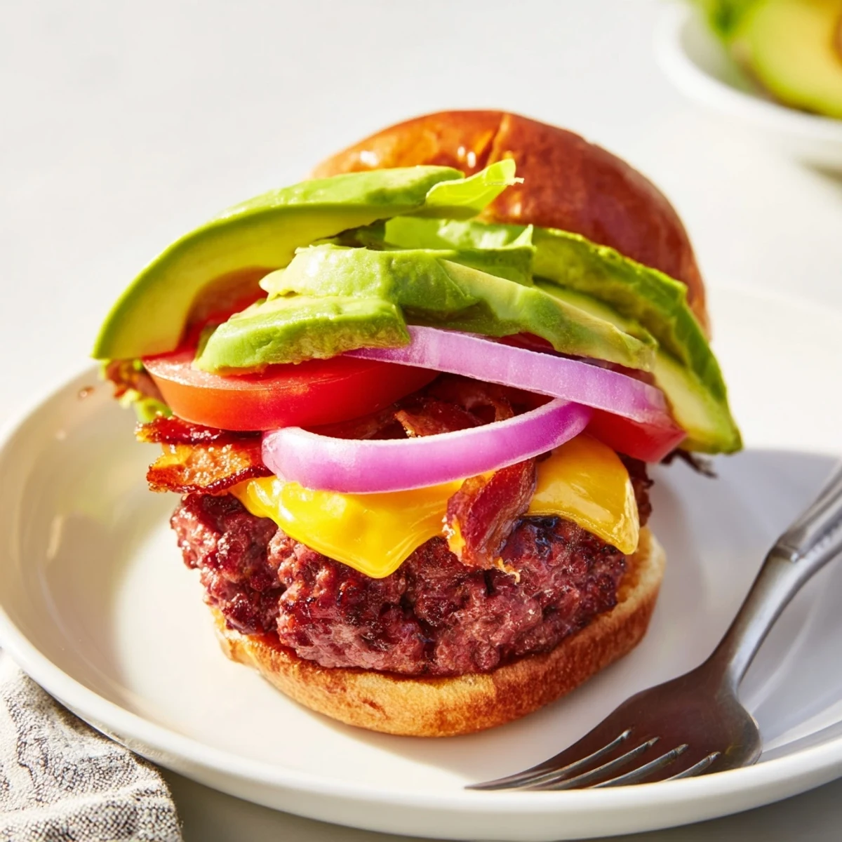 Close-up of a toasted bun revealing the Beef Burger with Avocado and Bacon, highlighting the melted cheddar.