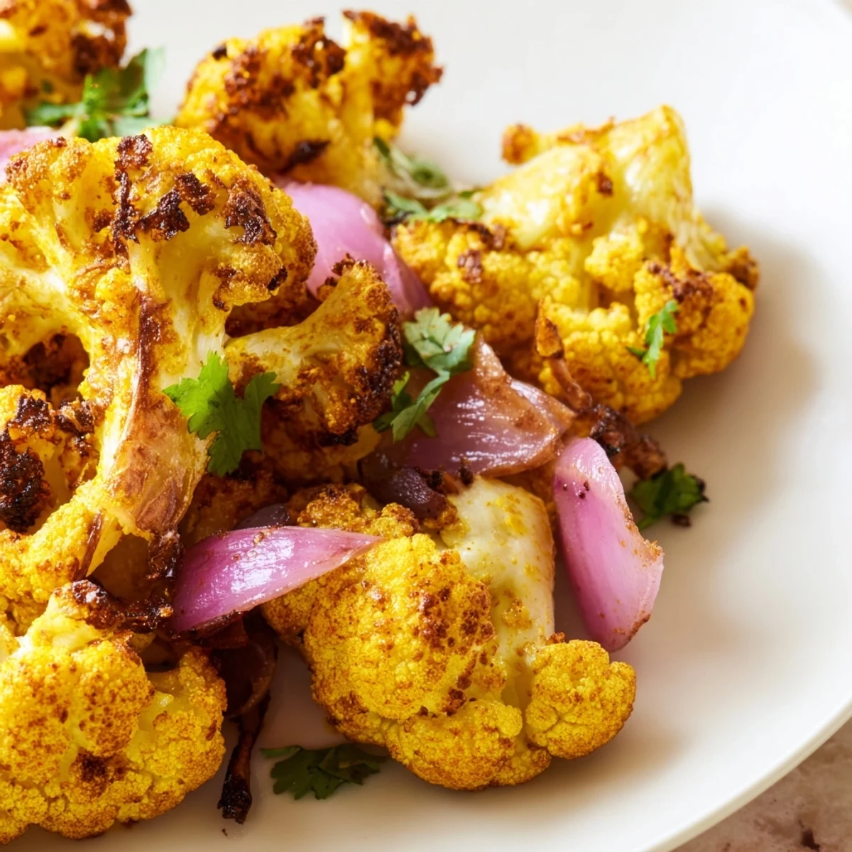 Freshly roasted cauliflower seasoned with turmeric and cumin, served hot with vibrant cilantro garnish and lemon wedges.