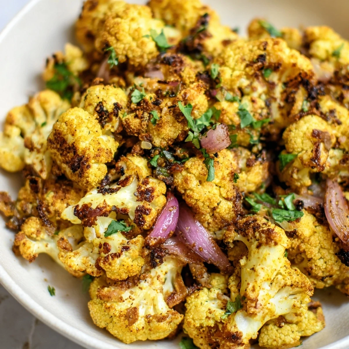 Bright golden cauliflower roasted with turmeric and cumin, garnished with cilantro and served with lemon on the side.