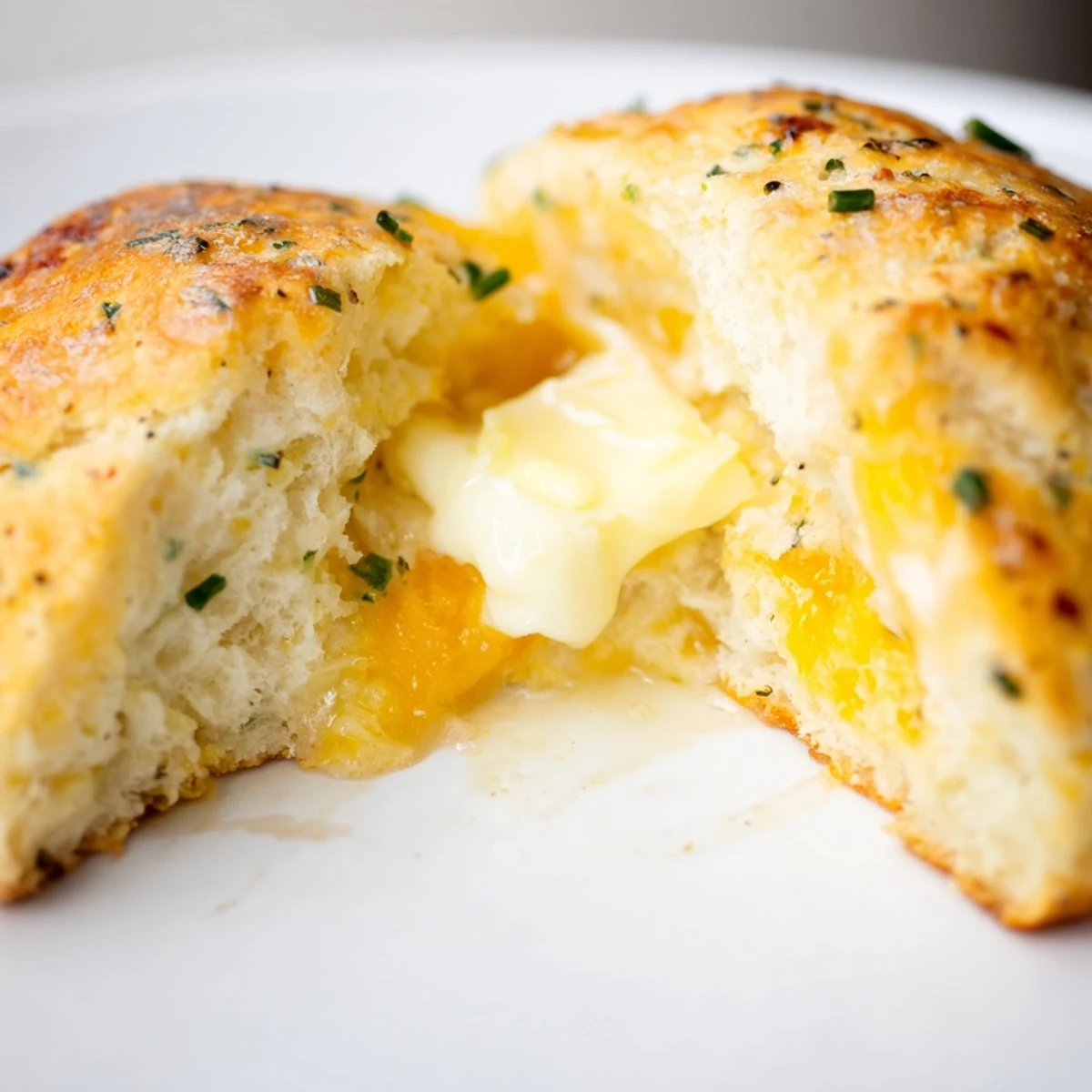 Freshly baked Savory Cheese Scones with Butter, featuring golden edges, sharp cheddar, and chopped herbs on a rustic wooden board.