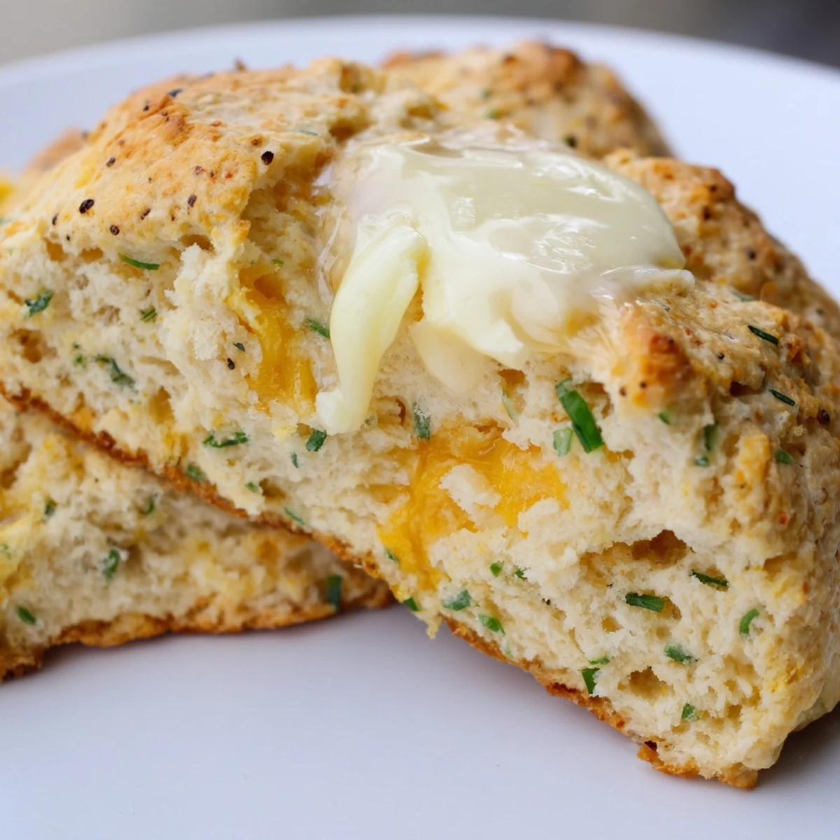 Golden-brown Savory Cheese Scones with Butter, served alongside a steaming cup of tea and a small bowl of jam.