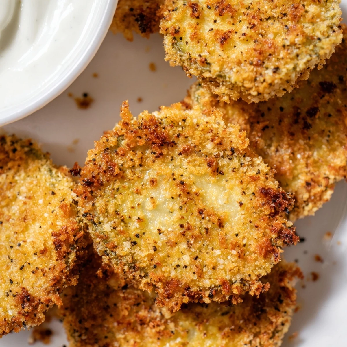 Fried pickle slices stacked high, coated in crunchy breading, with creamy ranch dip.