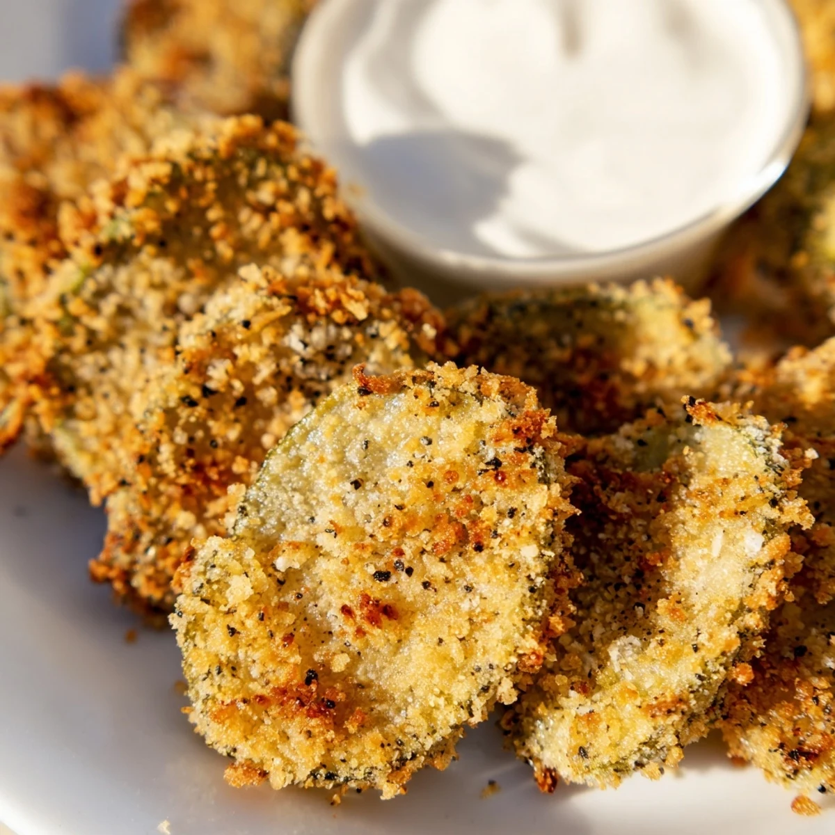 Golden brown fried pickles with ranch, served hot for a party appetizer.