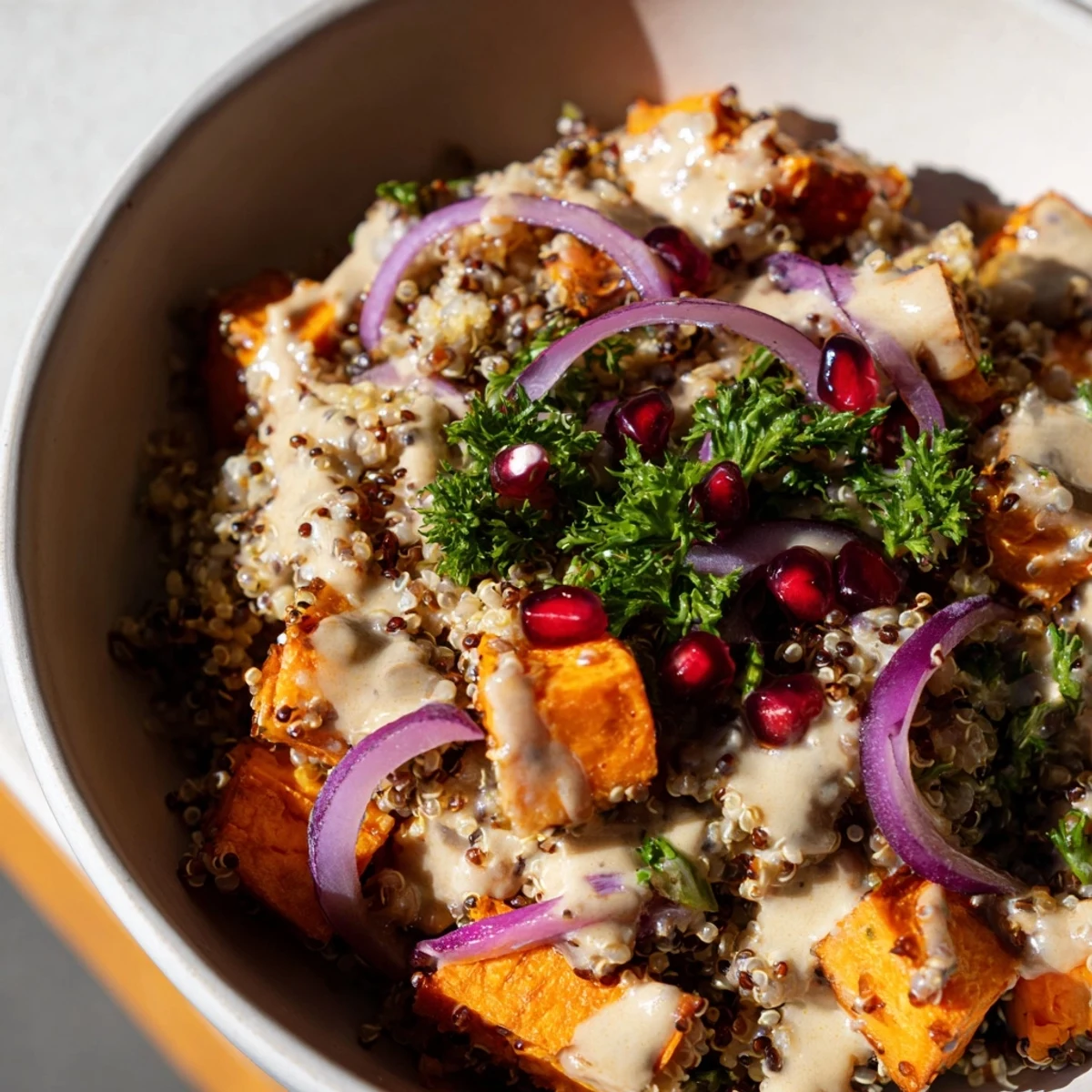 A close-up of Warm Quinoa Salad with Roasted Sweet Potatoes tossed in creamy lemon-tahini dressing in a rustic bowl.