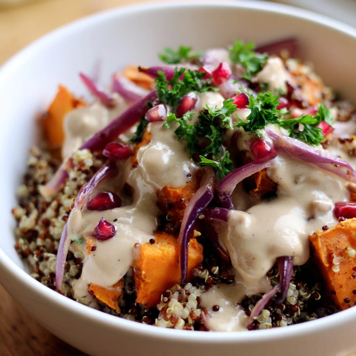 Steaming bowl of Warm Quinoa Salad with Roasted Sweet Potatoes garnished with parsley, perfect for a healthy dinner.