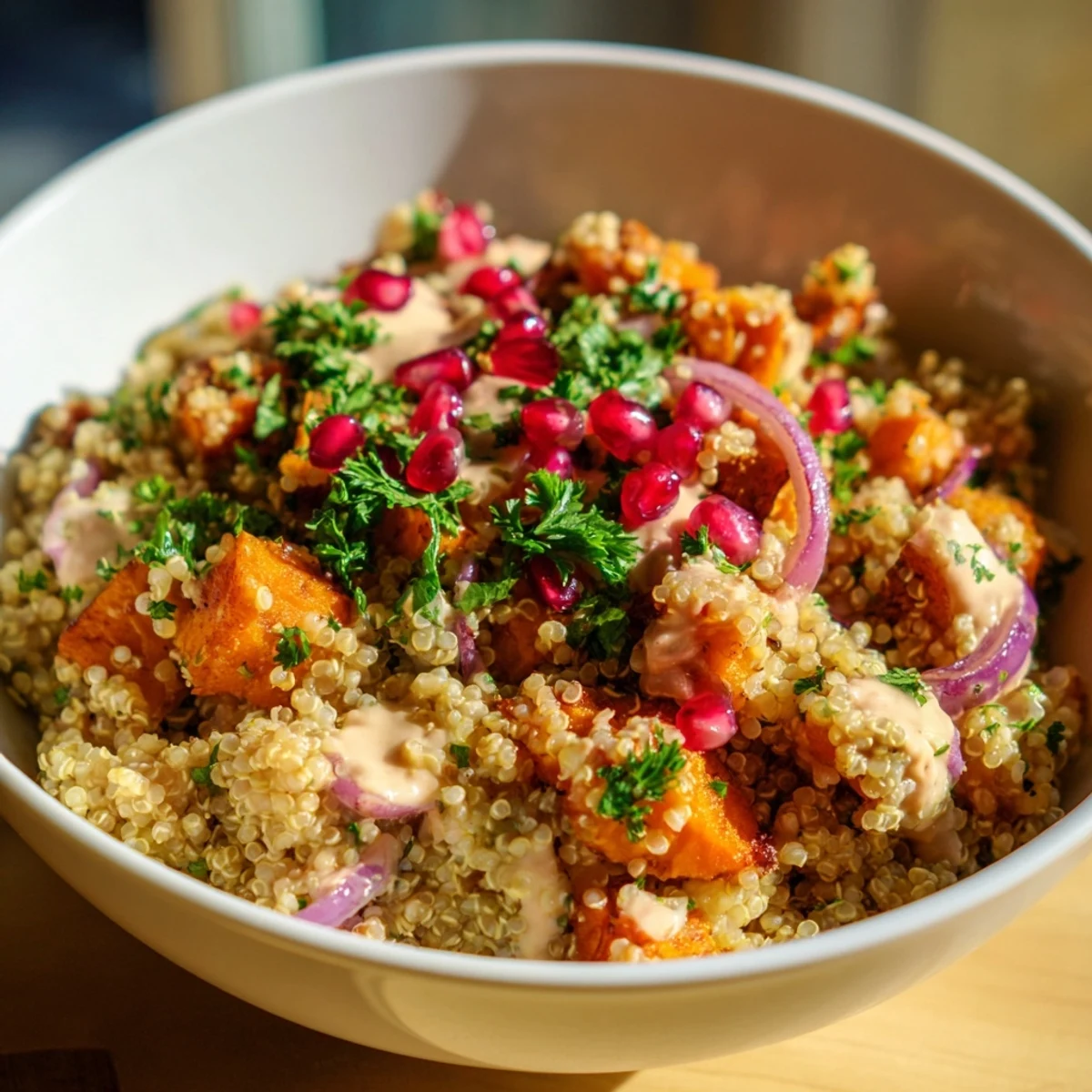 Overhead view of a wholesome Warm Quinoa Salad with Roasted Sweet Potatoes topped with pomegranate seeds and fresh herbs.