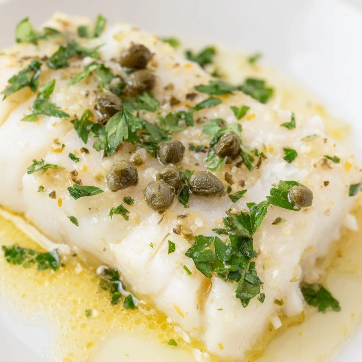 Perfectly flaky Baked Cod with Lemon Butter and Capers served alongside roasted potatoes and fresh green beans.