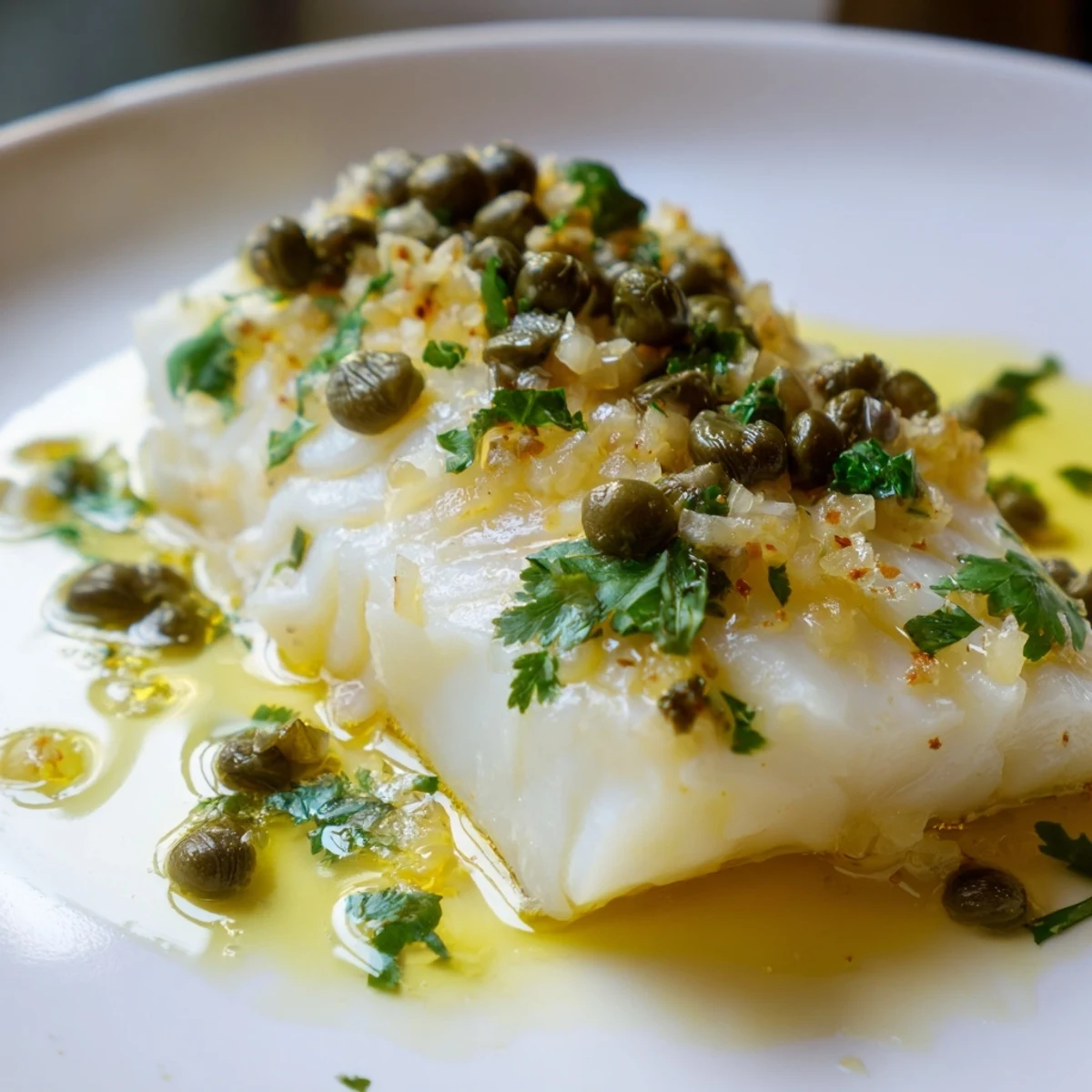 Golden-brown Baked Cod with Lemon Butter and Capers garnished with fresh parsley and lemon slices on a white plate.