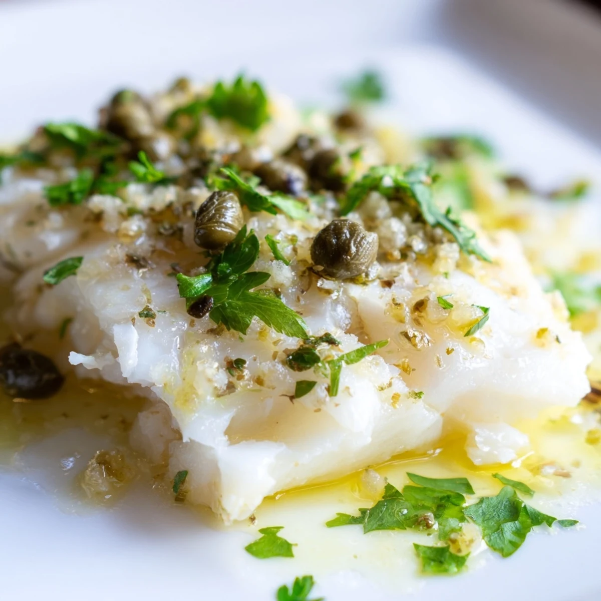 Close-up of succulent Baked Cod with Lemon Butter and Capers featuring a zesty lemon butter glaze.