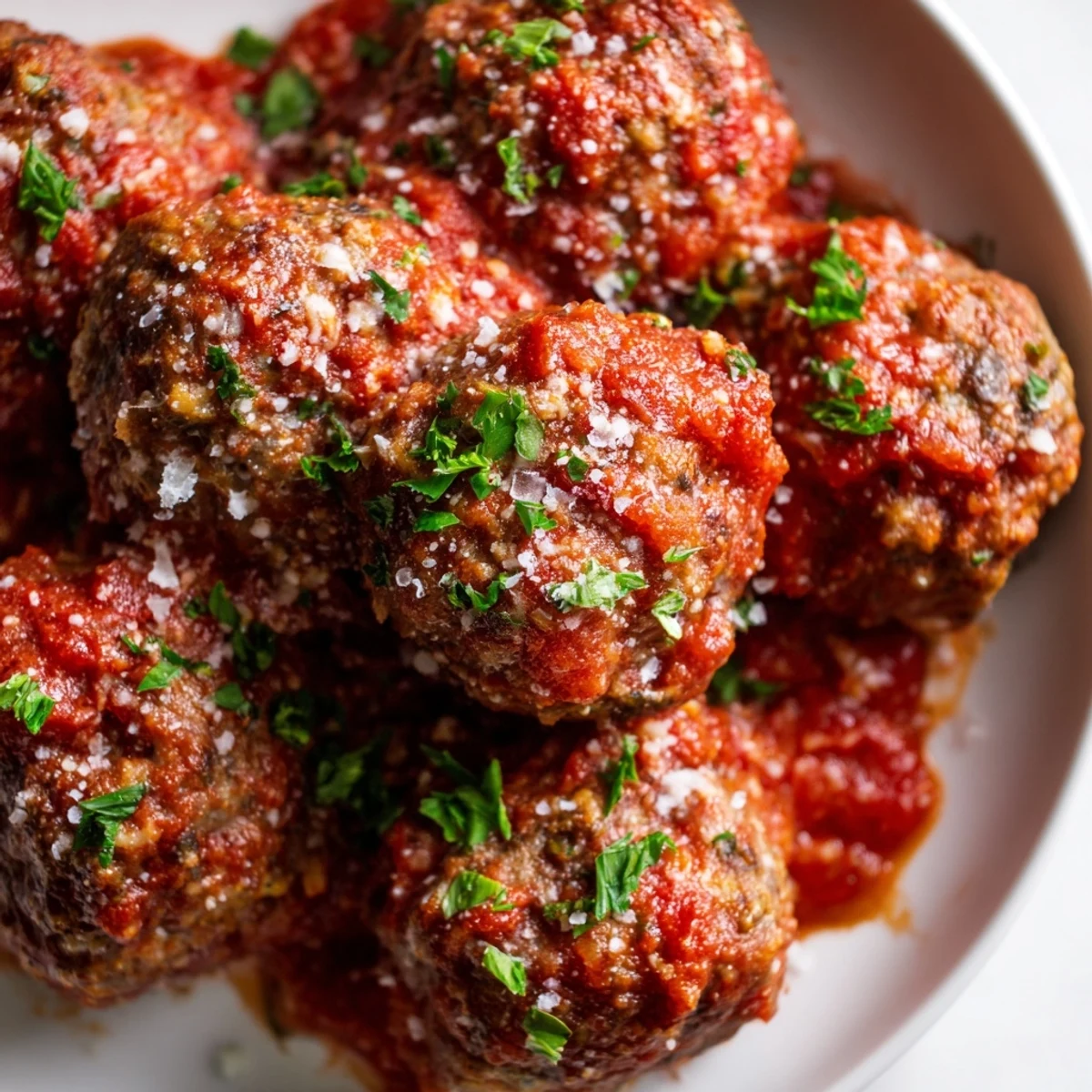 Golden-brown turkey meatballs in a rich marinara sauce, garnished with fresh parsley, served over a bed of penne pasta.