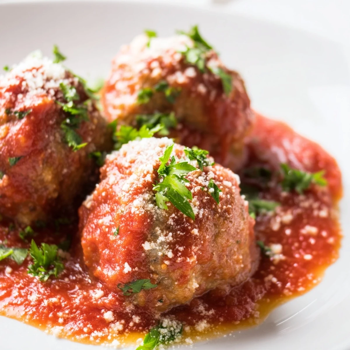 Simmering turkey meatballs in a homemade marinara sauce, ready to be served with garlic bread and fresh basil.