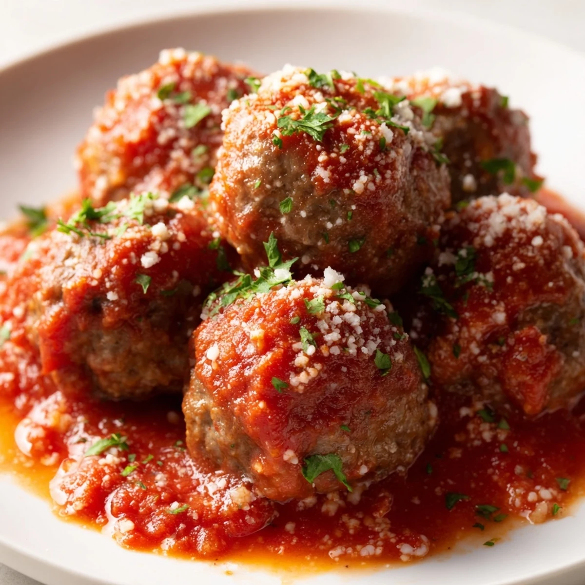 Savory Italian-American turkey meatballs in a robust tomato sauce, plated elegantly for a delicious family dinner.