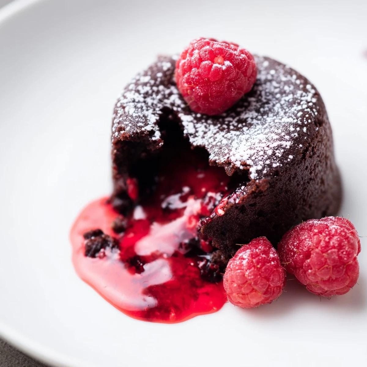 Warm Chocolate Lava Cakes on a dessert plate with a bowl of vibrant raspberry coulis, fresh berries, and a dusting of powdered sugar.