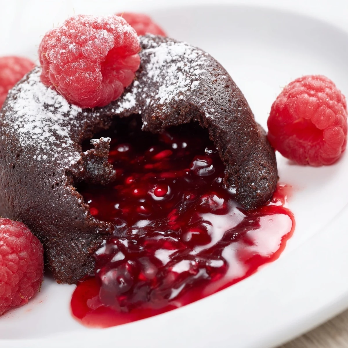 Decadent individual Chocolate Lava Cakes in ramekins, showcasing a rich, gooey molten core ready to be drizzled with raspberry coulis.