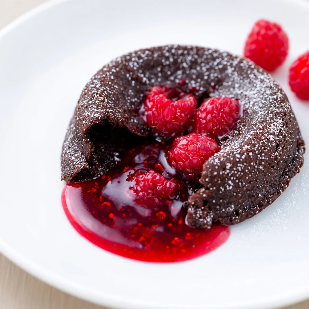 Freshly baked Chocolate Lava Cakes with a molten chocolate center, topped with raspberry coulis and powdered sugar on a white plate.