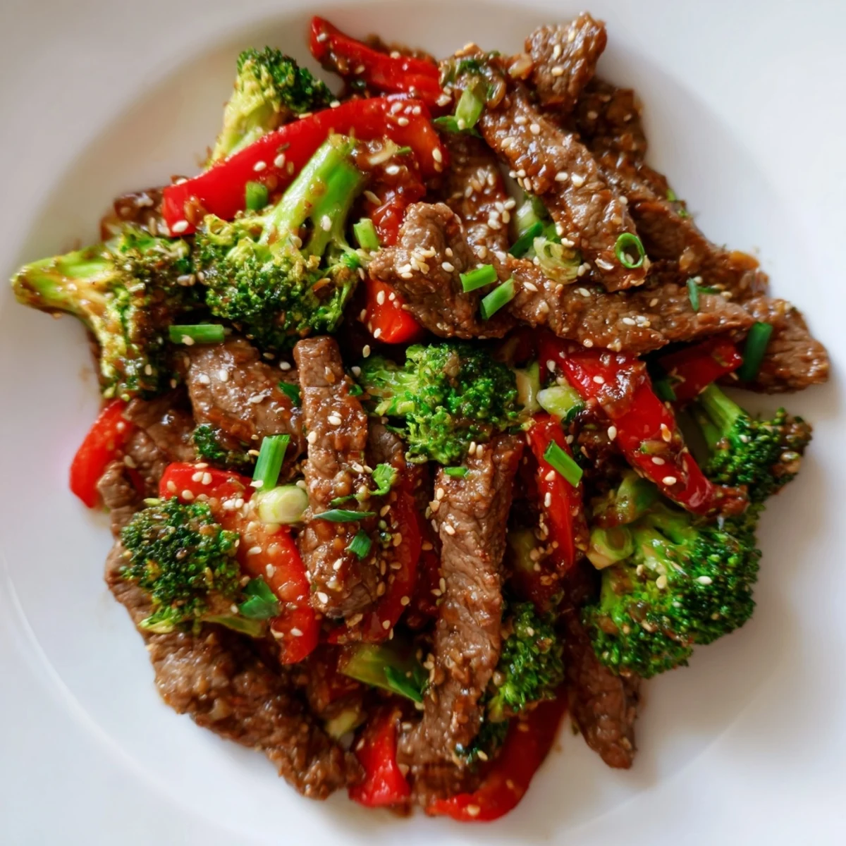 A glossy ginger glaze coats tender beef strips and bright green broccoli florets.