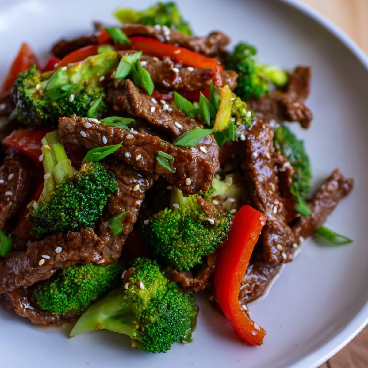 Steaming Beef and Broccoli Stir Fry with Ginger Glaze is served over white rice.