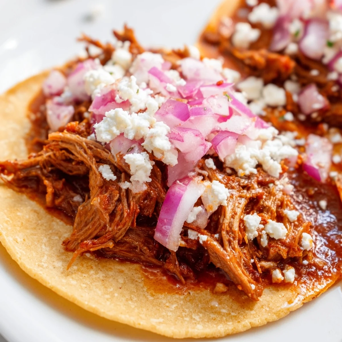 Shredded slow cooker beef barbacoa tacos topped with fresh cilantro and diced red onion.