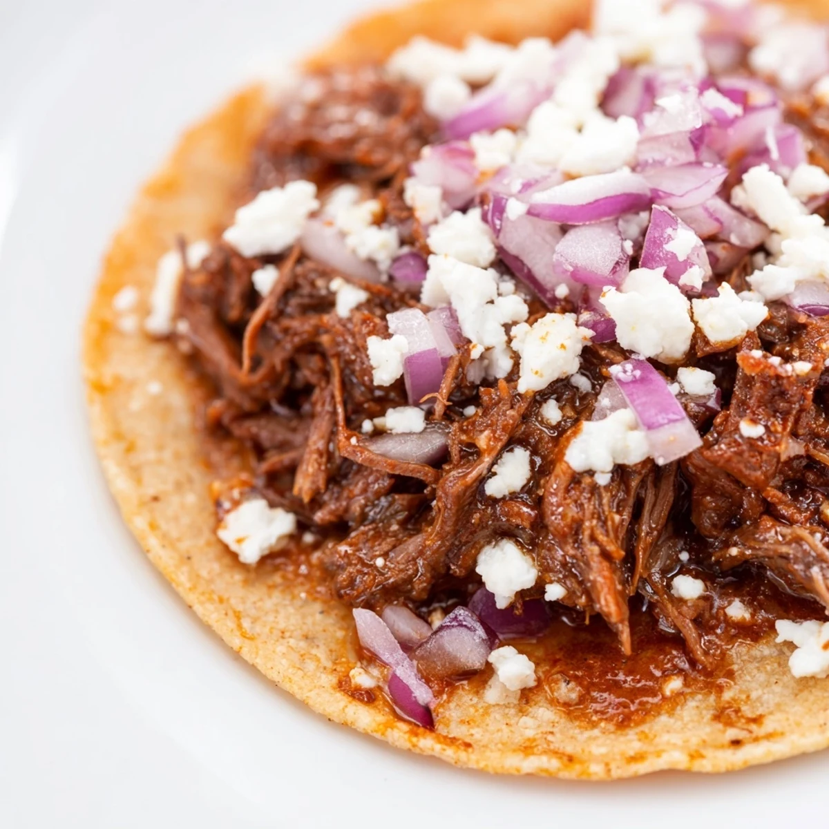 Tender beef barbacoa filling piled into warm corn tortillas with crumbled queso fresco and lime.