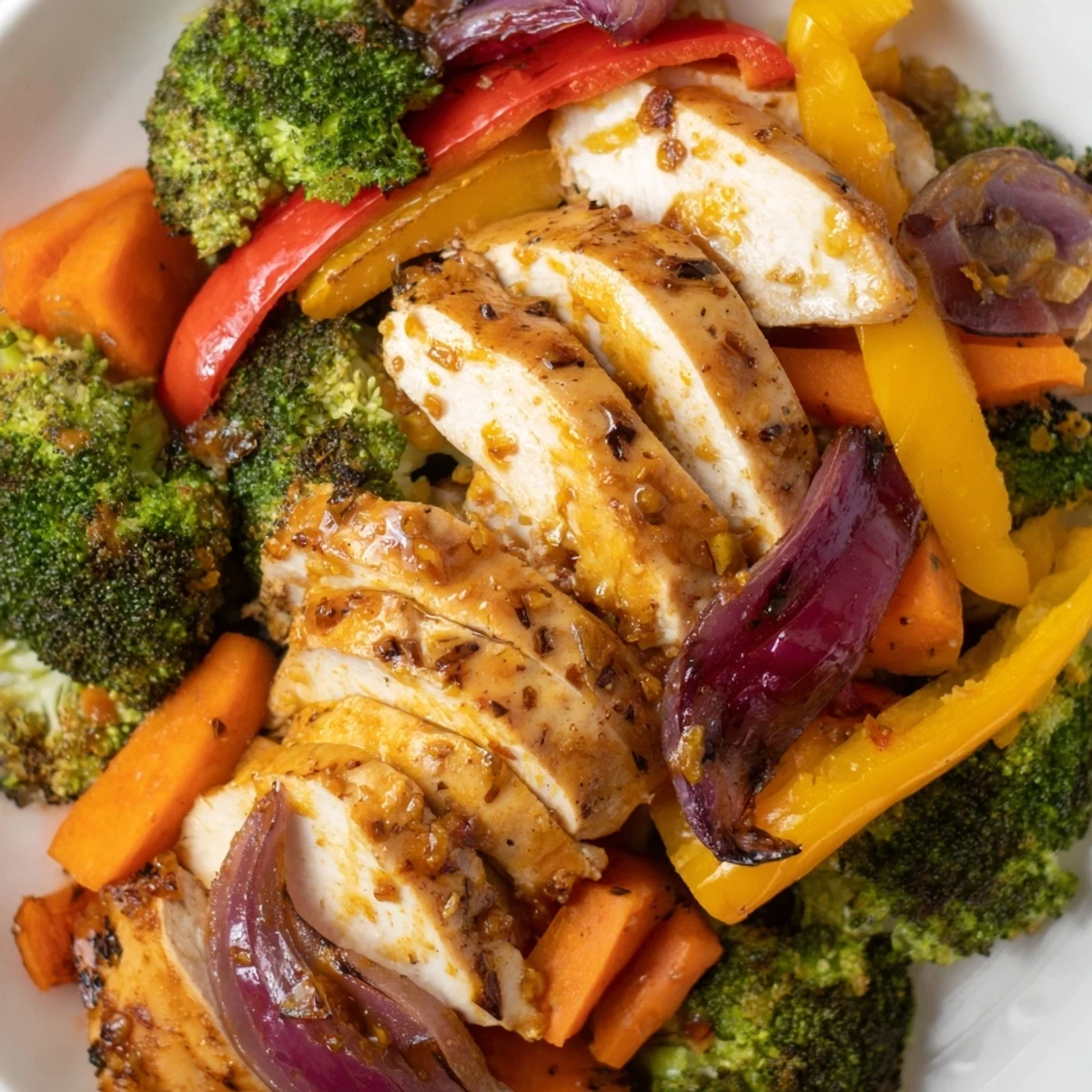 Juicy chicken breasts and roasted broccoli, carrots, and peppers glazed in sticky honey garlic sauce on a sheet pan. 