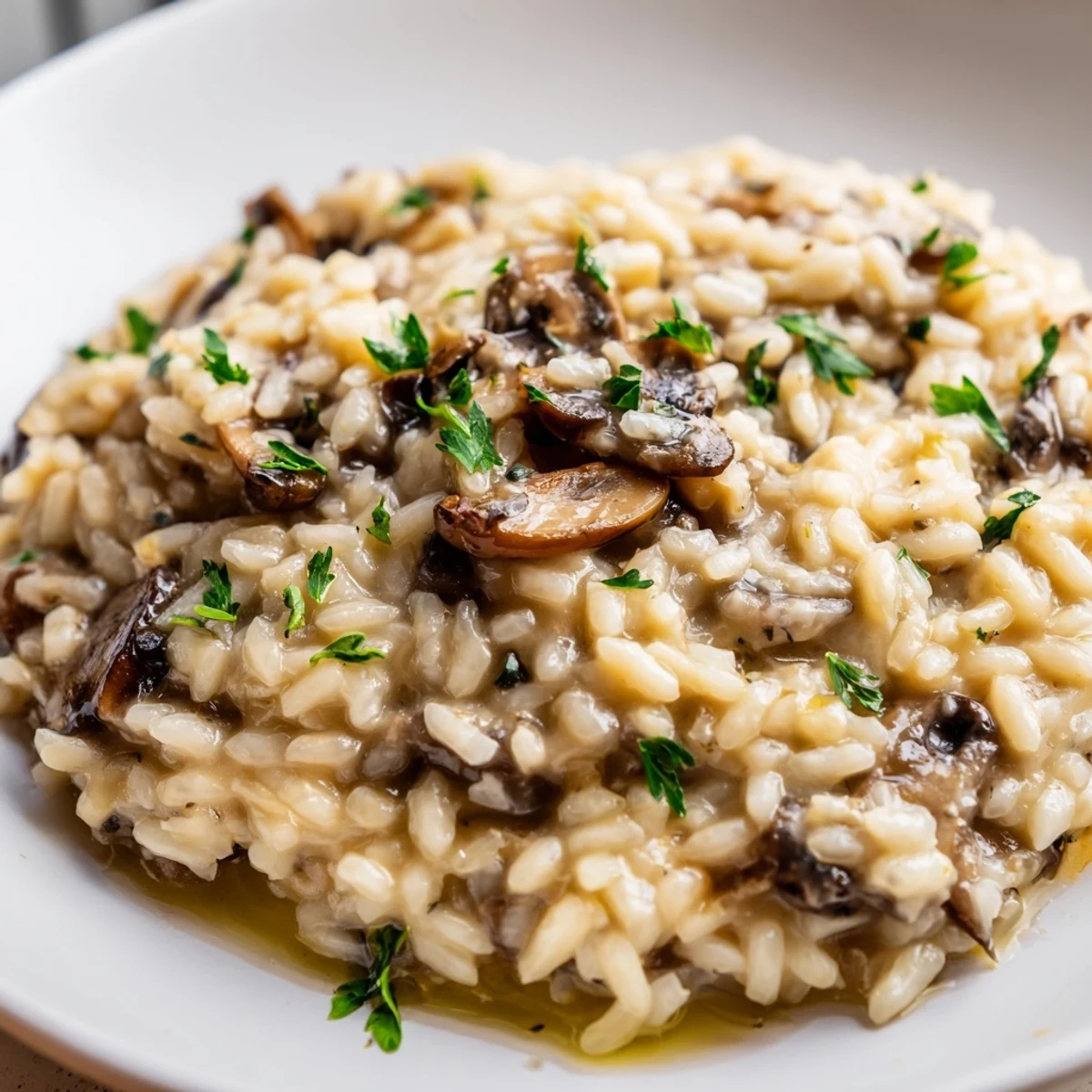 A plated Creamy Mushroom Risotto with Truffle Oil topped with shaved Parmesan beside a glass of white wine.