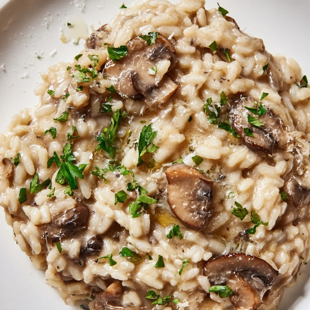 Creamy Mushroom Risotto with Truffle Oil served steaming in a shallow bowl with fresh parsley garnish.