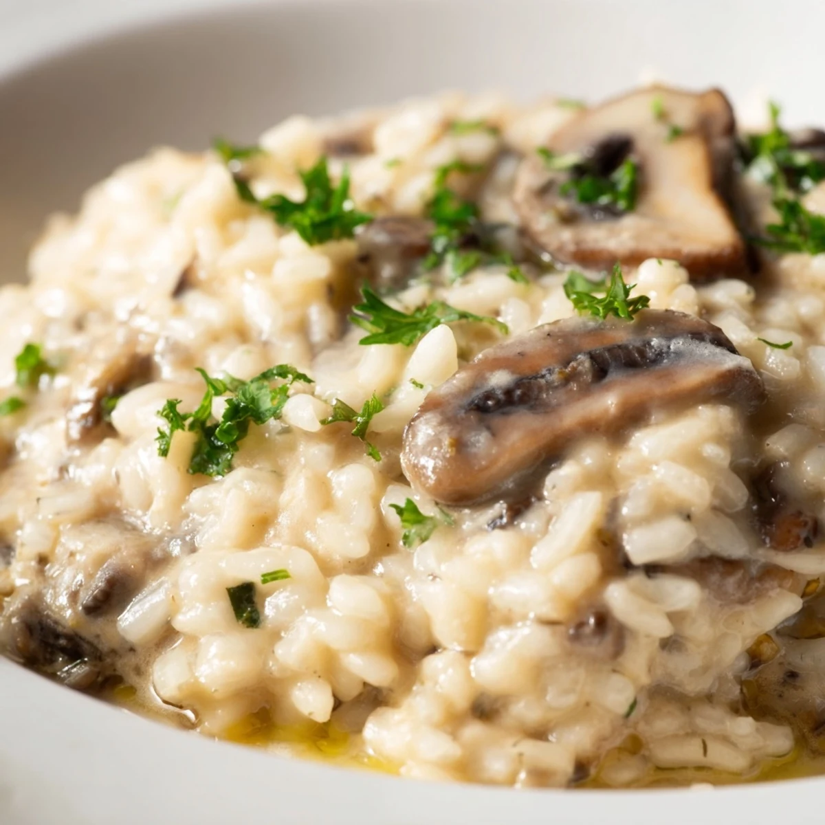 Wooden spoon lifting a creamy bite of Creamy Mushroom Risotto with Truffle Oil showing tender sautéed mushrooms.