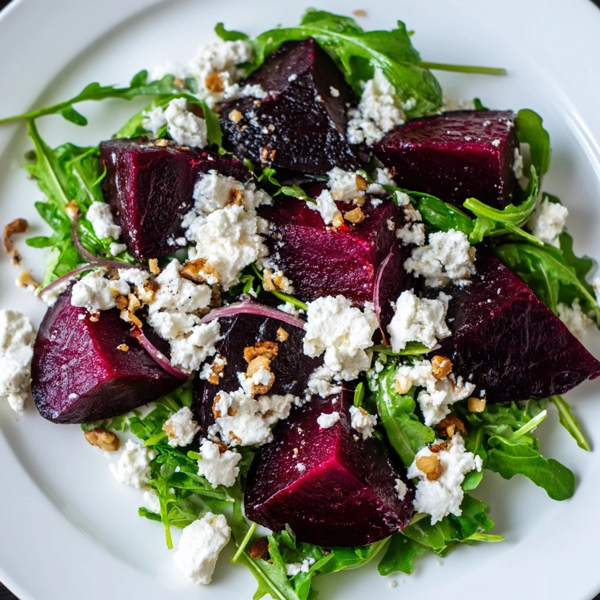 Colorful Roasted Beet Salad served as a light meal, dressed in balsamic vinaigrette with creamy feta and arugula.