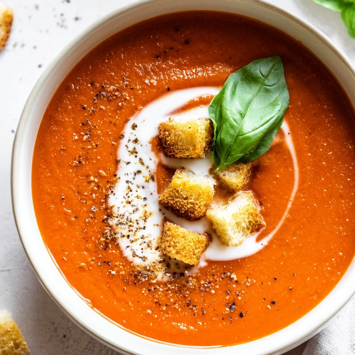 Creamy Roasted Red Pepper and Tomato Soup in a rustic bowl garnished with fresh basil, ready to serve.