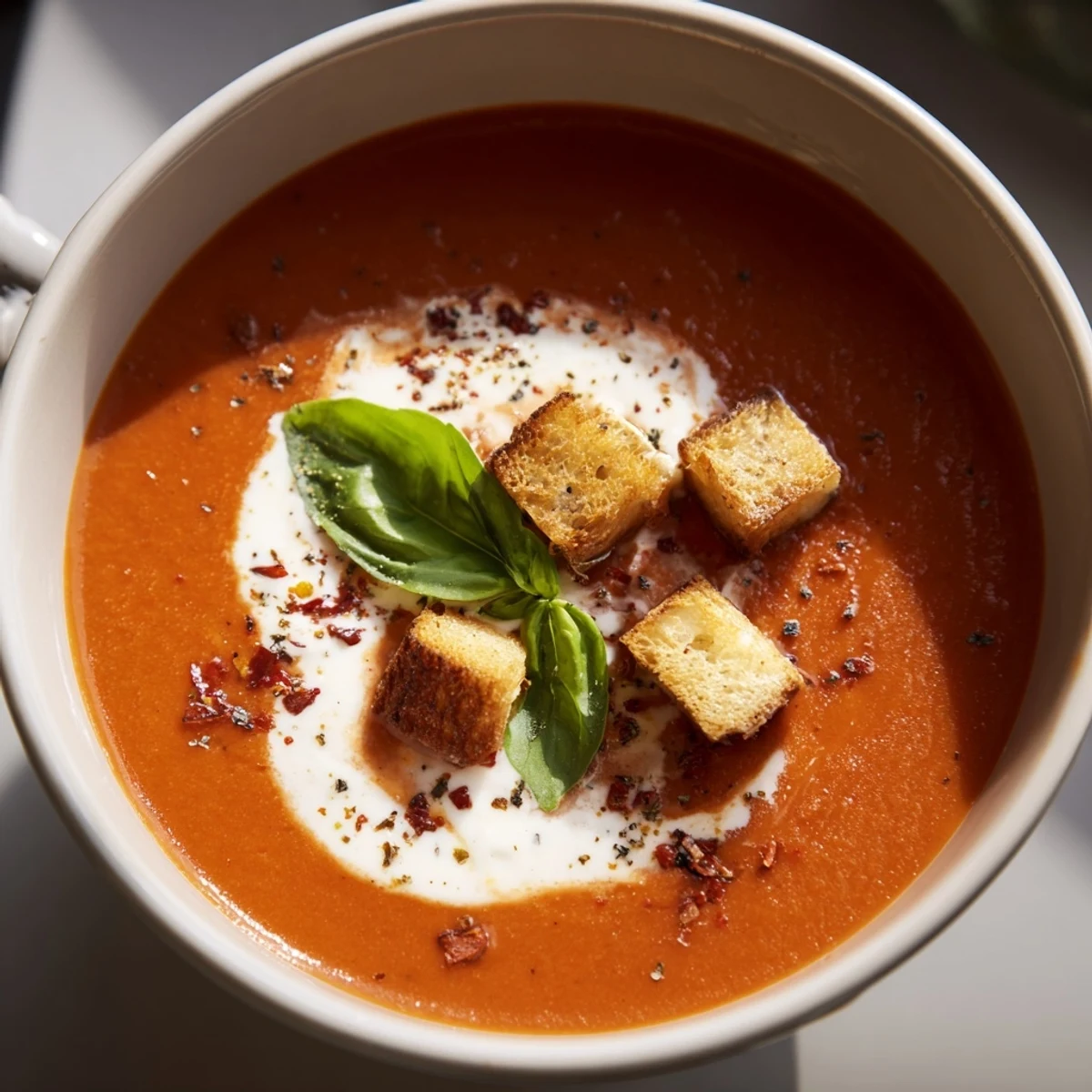 Close-up of velvety Creamy Roasted Red Pepper and Tomato Soup with a swirl of cream and crusty bread.