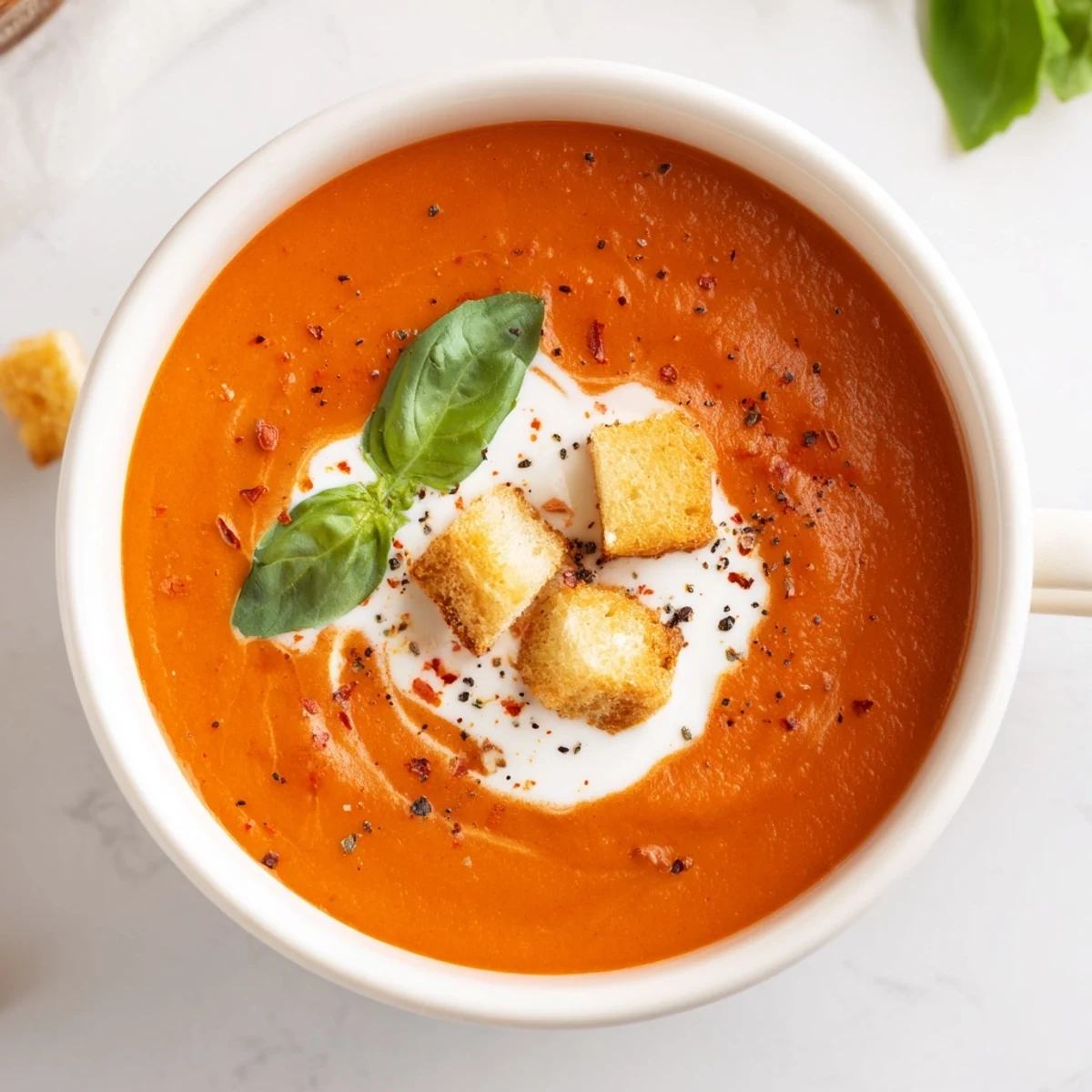 Golden-brown roasted red peppers and tomatoes blend into a vibrant, steaming bowl of Creamy Roasted Red Pepper and Tomato Soup.