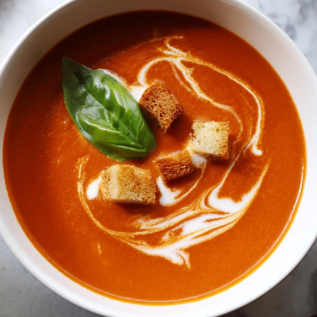Creamy Tomato Bisque with a fresh basil garnish and a drizzle of heavy cream in a rustic bowl.