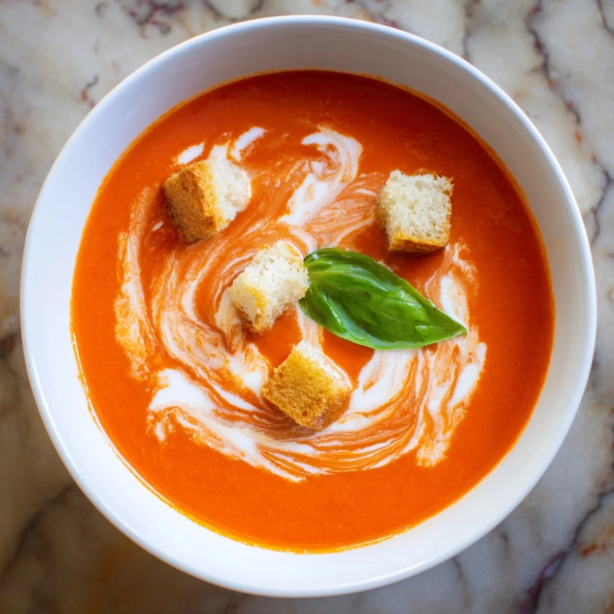 Close-up of velvety Creamy Tomato Bisque, served steaming hot alongside a golden grilled cheese sandwich.