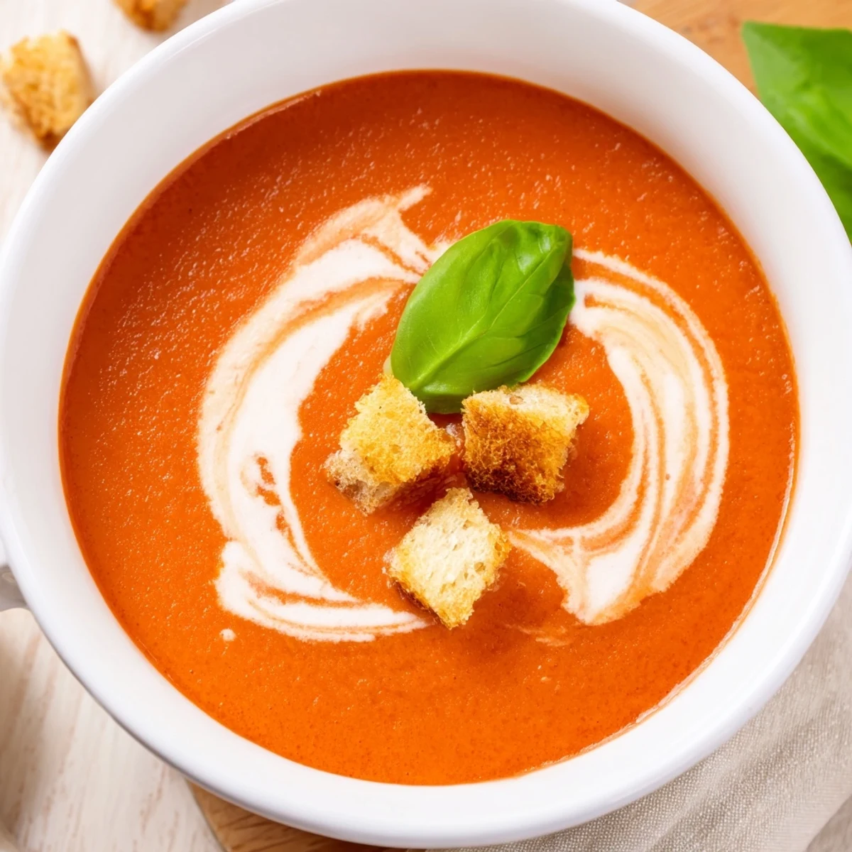 Rich Creamy Tomato Bisque in a white bowl, topped with crunchy croutons and vibrant fresh herbs.
