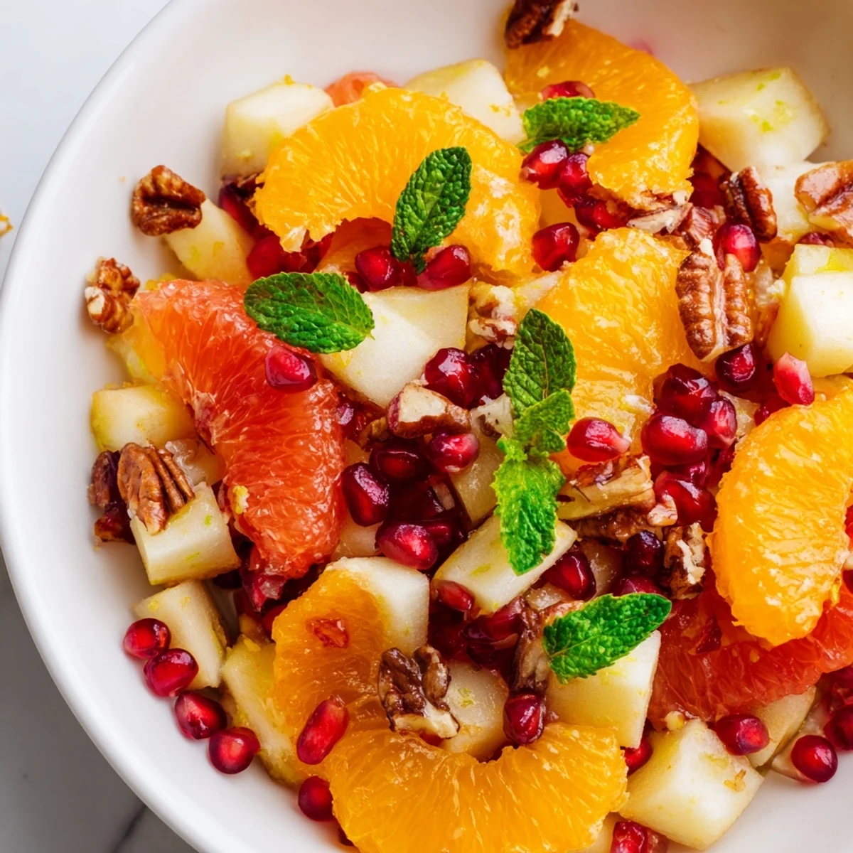 Vibrant Winter Fruit Salad with Citrus in a white bowl, featuring crisp apples, juicy grapefruit, and a honey-cinnamon drizzle.