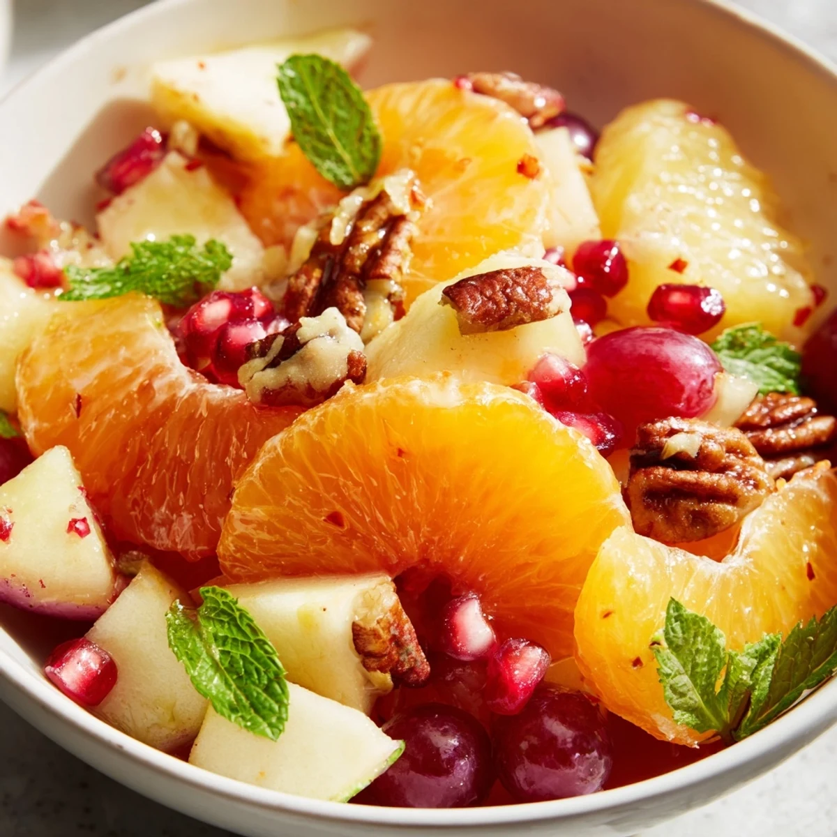 Spoonful of Winter Fruit Salad with Citrus showing sliced pears and pomegranate seeds, served chilled with a citrusy aroma.