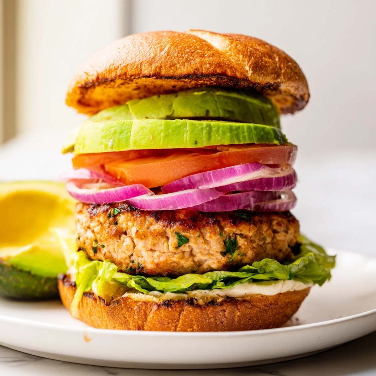 Stacked Turkey Burger with avocado, tomato, and red onion on a plate, ready to eat.
