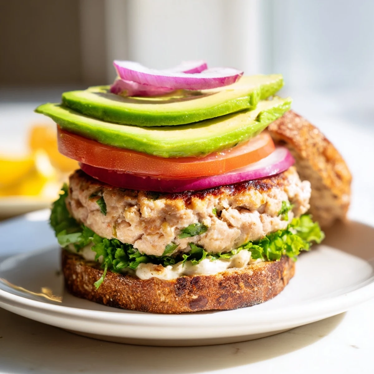 A juicy Turkey Burger with avocado and crisp lettuce on a toasted whole wheat bun.