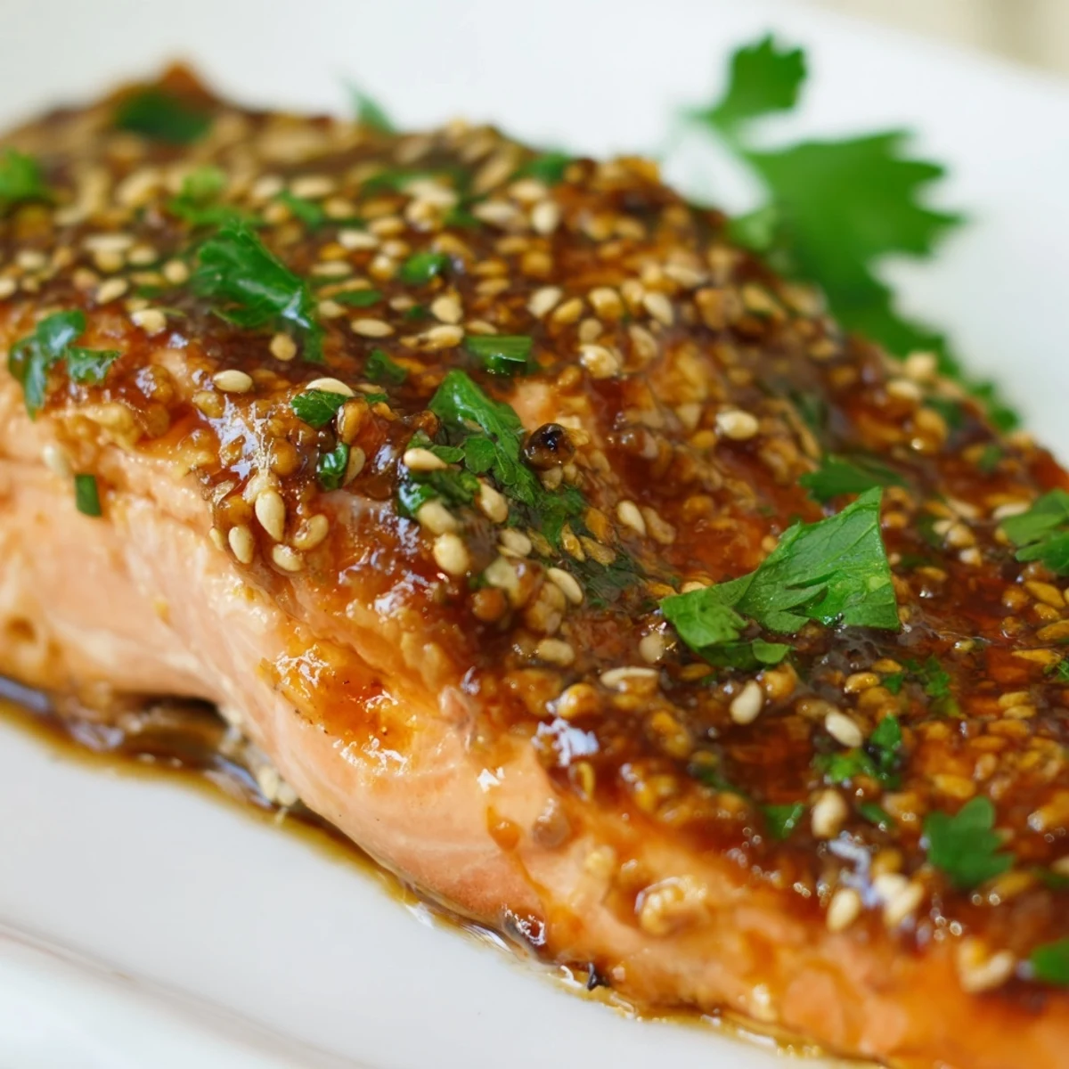 Close-up of baked salmon with honey garlic glaze, flakes of fish and sticky sauce.