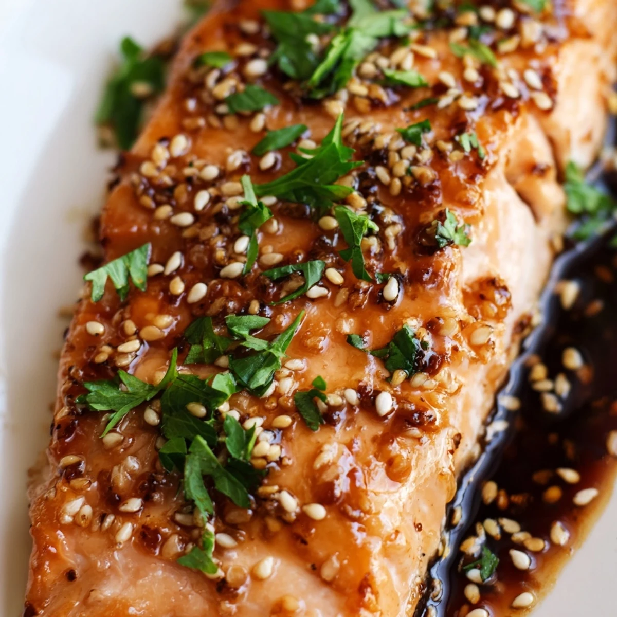 Tender baked salmon with honey garlic glaze served with lemon wedges on a platter.