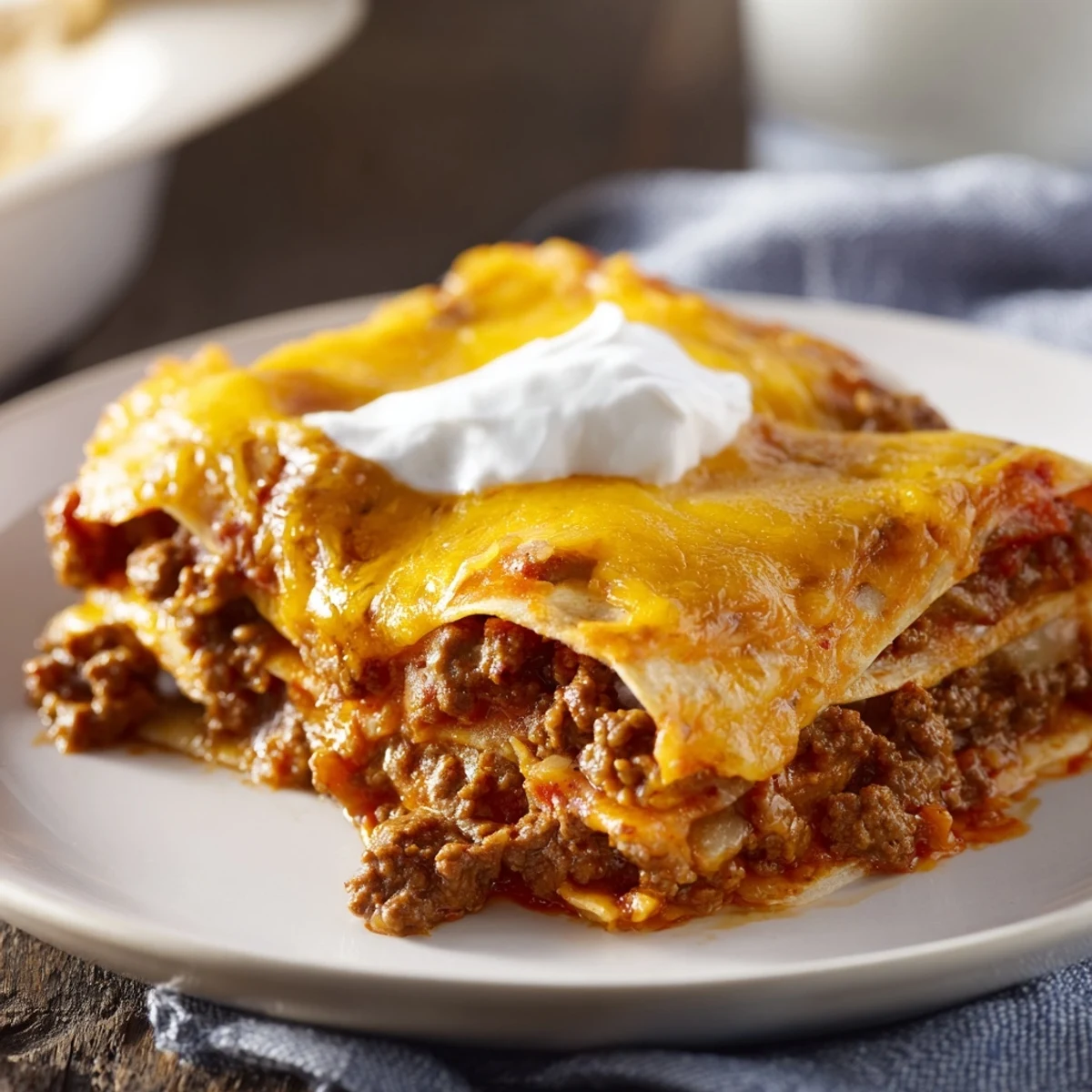 Sliced wedges reveal seasoned ground beef and soft tortilla layers in rich red enchilada sauce.
