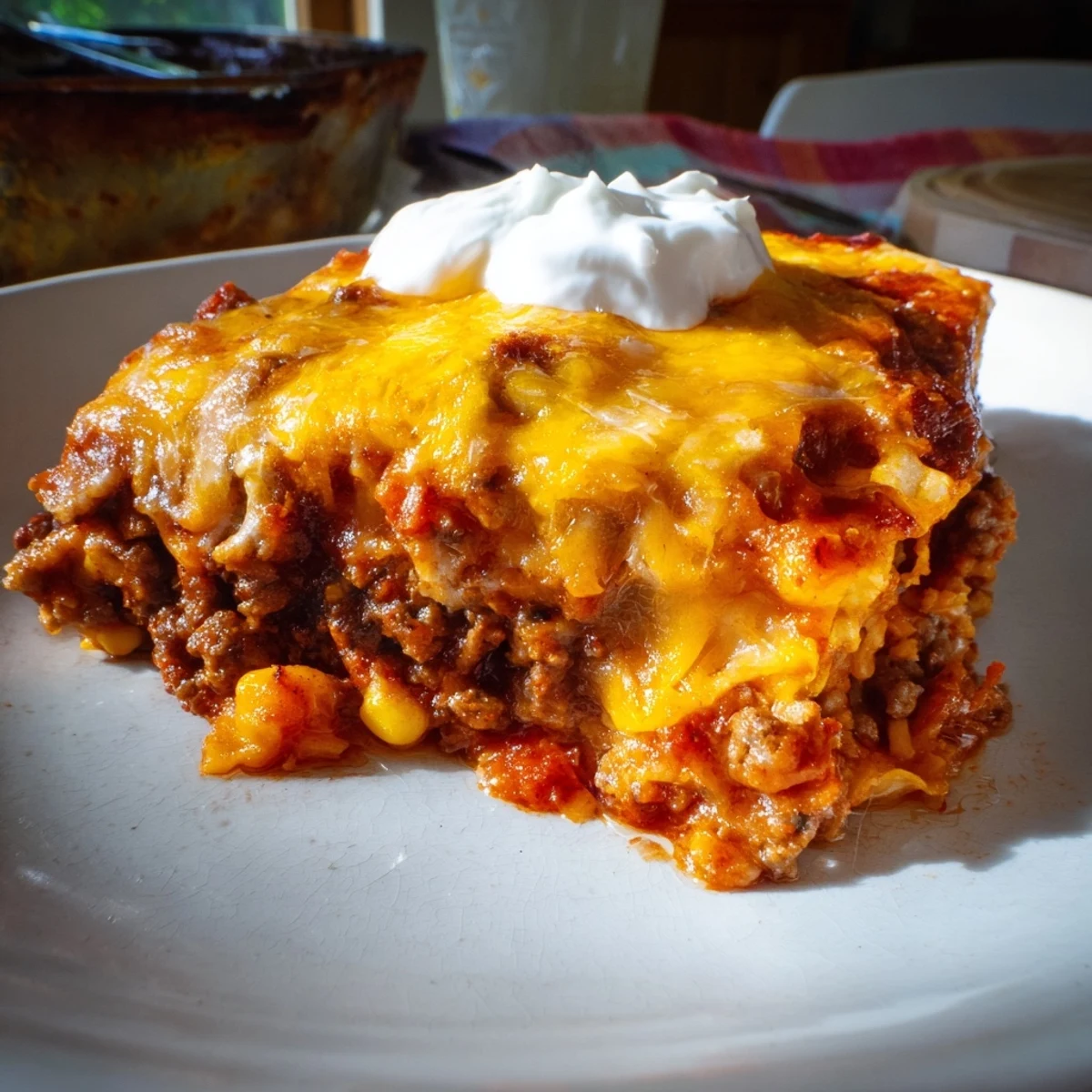 Freshly baked Beef Enchilada Casserole with melty cheddar and Monterey Jack cheese bubbling golden brown.