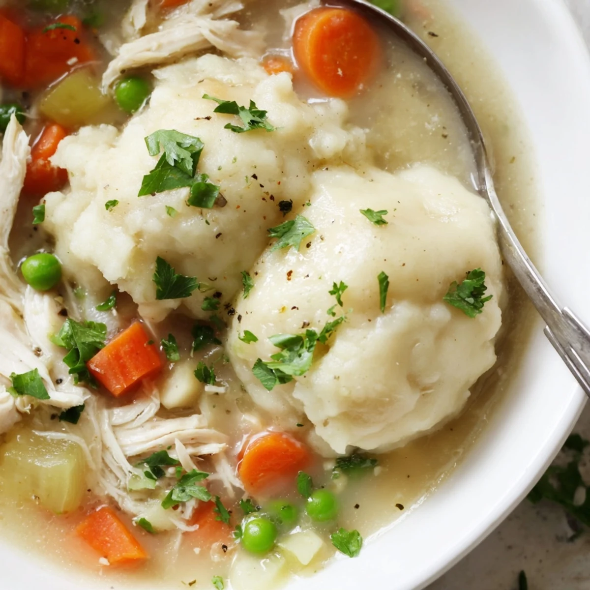 Steaming bowl of homemade Chicken Soup with Dumplings, featuring tender shredded chicken and fluffy dumplings in a rich broth.