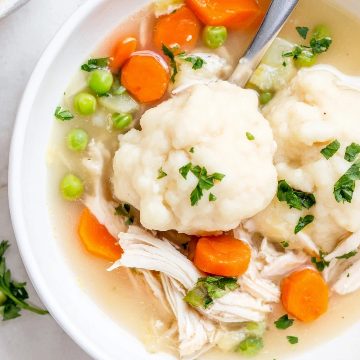 Spoon dipping into a rustic pot of Chicken Soup with Dumplings, garnished with fresh parsley and vibrant green peas.