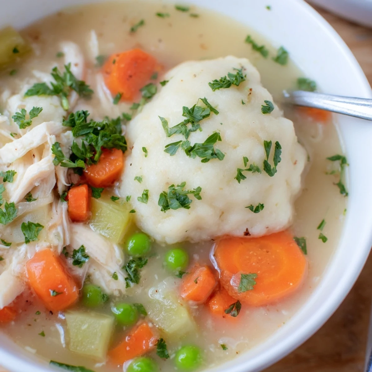 Comforting dinner serving of Chicken Soup with Dumplings in a white ceramic bowl, perfect for cold winter nights.